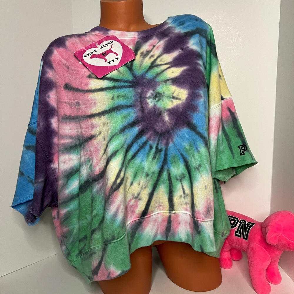 Victoria’s Secret PINK XXL Logo Embroidery Cropped Sweatshirt Pullover Tie Dye
